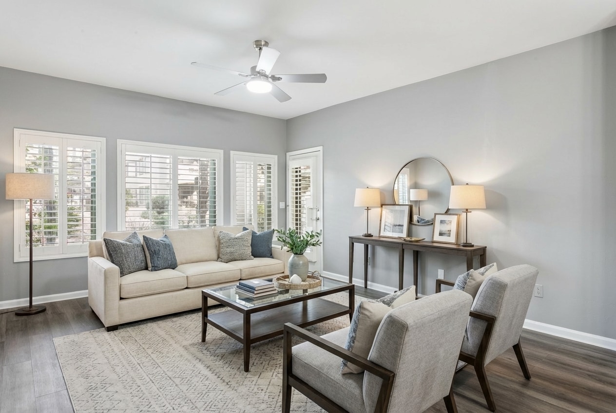 Wall of windows and door to the covered patio at the end of the great room (virtually staged) - 14000 N 94th St
