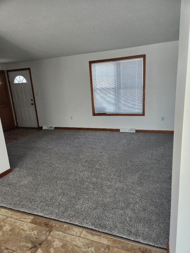 Living Room with new carpeting and window blinds. - 6568 Ward Rd