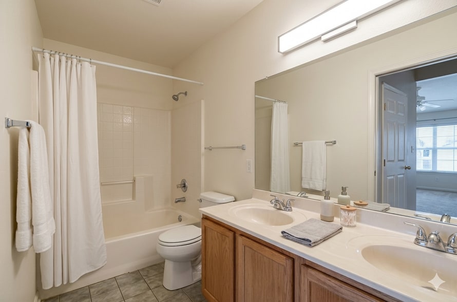 Primary bed bathroom with double sink, soaking tub and shower. - 8427 Thunder Ridge Way #203