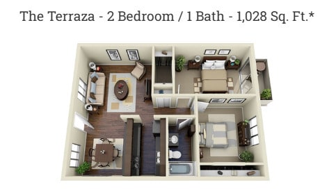 Spacious 2-bedroom, 1-bath floorplan at evRIA Terraces, offering 1,028 sq ft of comfortable living - Evria Terraces (NEW) Apartments