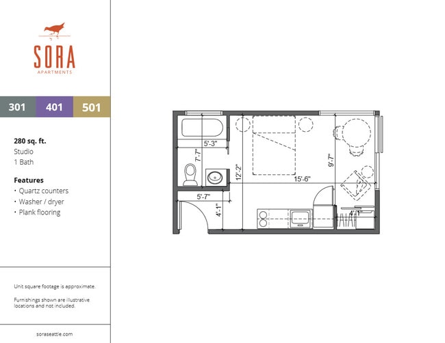 Units 301 & 501 - 280 SQFT - Sora Apartments