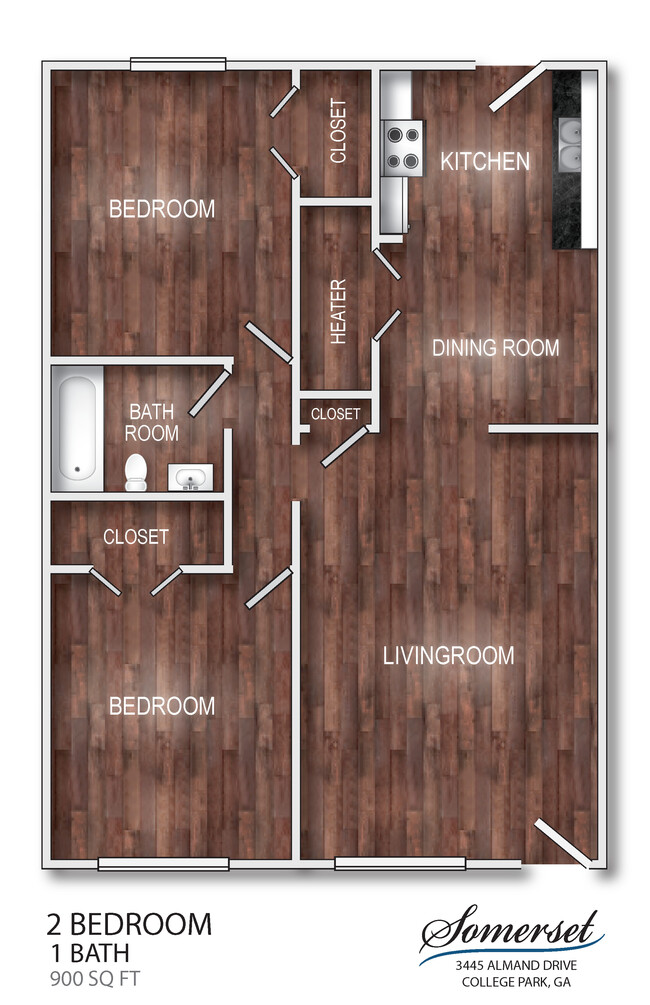 2 Bedroom 1 Bath Floorplan - Somerset Apartment