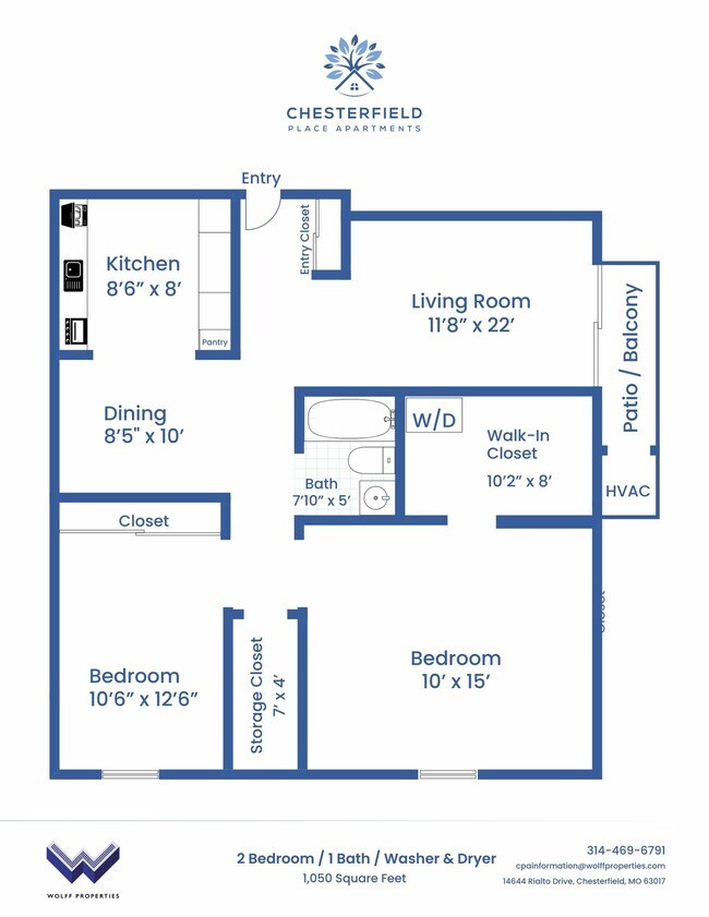 Chesterfield Place Apartments Two Bedroom with Washer & Dryer Floor Plan - Chesterfield Place Apartments