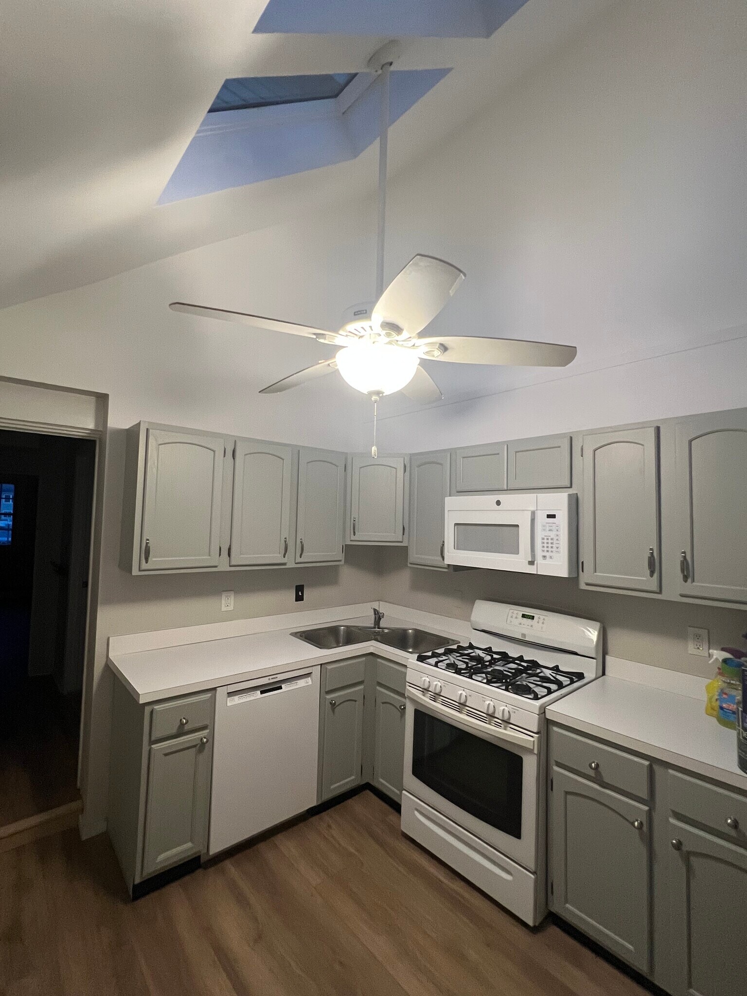 Ktichen with vaulted ceiling, 2 large skylights and ceiling fan - 347 Elliot St