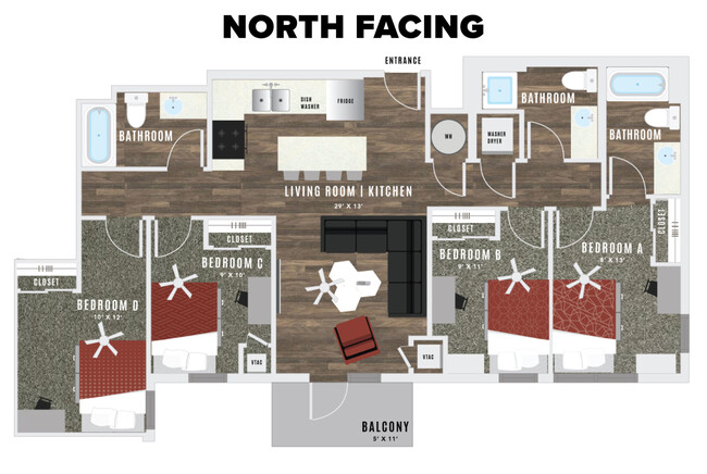 The floor plan above shows the layout of units on the north side of the building (closer to A-Mountain) Please click the arrow to see the floorplan that represents the layout on the south side of the building (closer to campus). - Atmosphere