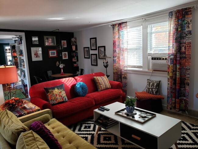 Funky Living Room with Rock n Roll Curtains and Rochester & Fairport NY Artwork - 20 Roselawn Ave