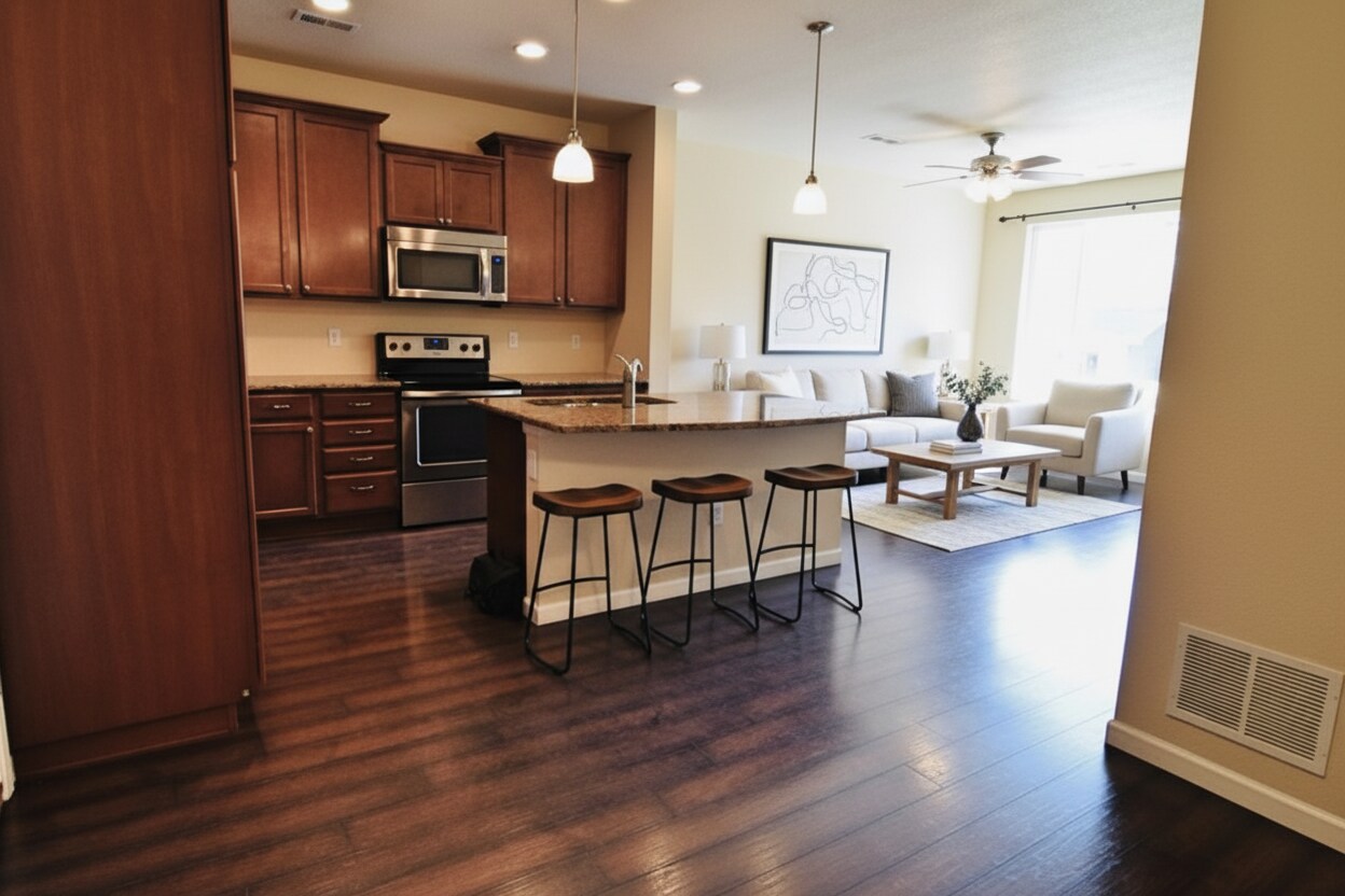 Virtual Staging - Standing in dining room, open concept kitchen/living room - 5580 W 72nd Ave