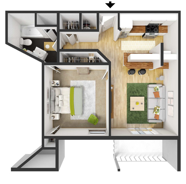 3D Floor Plan - 693 SF - 1BR/1 Bath - Oakcrest Condominiums