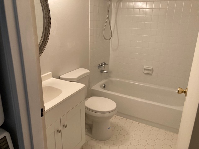 Renovated bathroom with upgraded vanity, handheld shower, curved shower pole and luxury med cabinet - 1 Wexford Dr