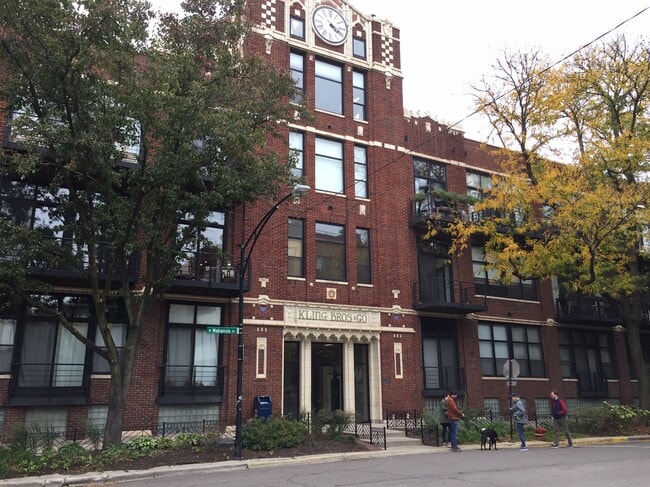 Building view, with clock - 2300 W Wabansia Ave
