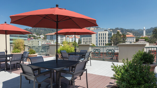 Outdoor seating on our rooftop deck with views of downtown and the Berkeley Hills - Bachenheimer