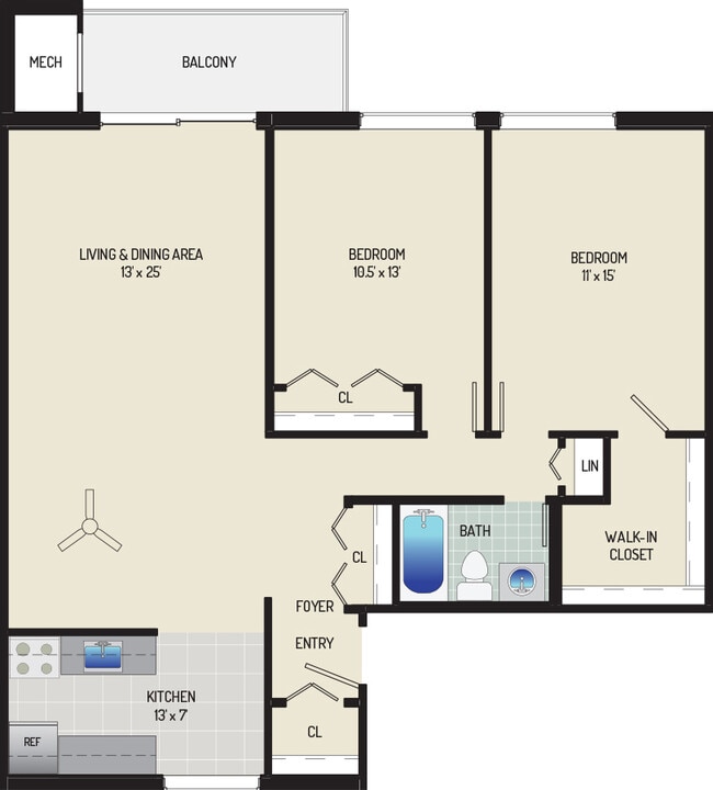 2 BR/ 1 BA (Style J2) | 1,015 sq. ft. - Columbia Park Apartments