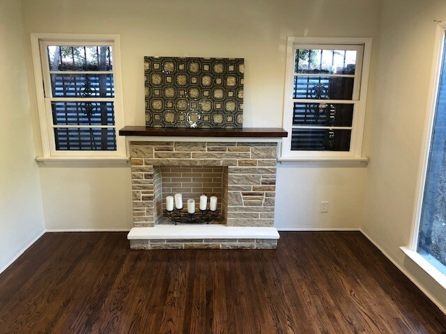 Living Room Fireplace with Douglas Fir Mantel -original hardwood floors throughout - 1444 Silver Lake Blvd