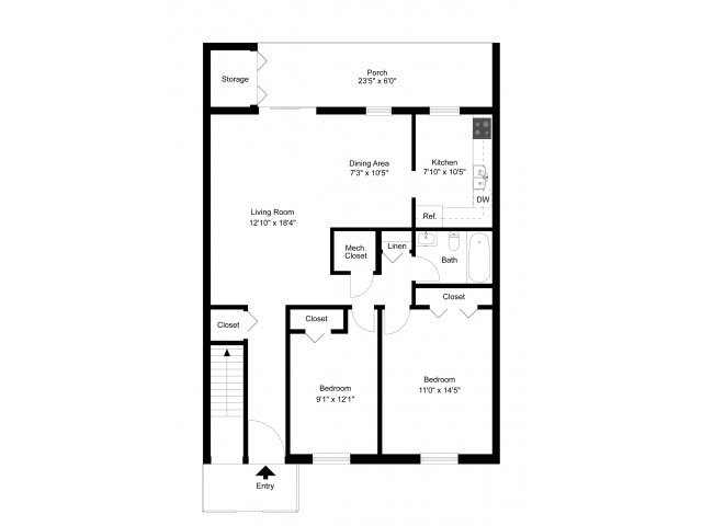 Two bedroom downstairs floor plan - Westover Village Apartments