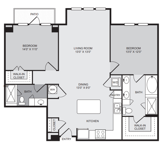 2 bedroom 2 bath apartment with kitchen island, dining area, patio, walk in closet and 1206 sq ft - Cantabria at Turtle Creek closed