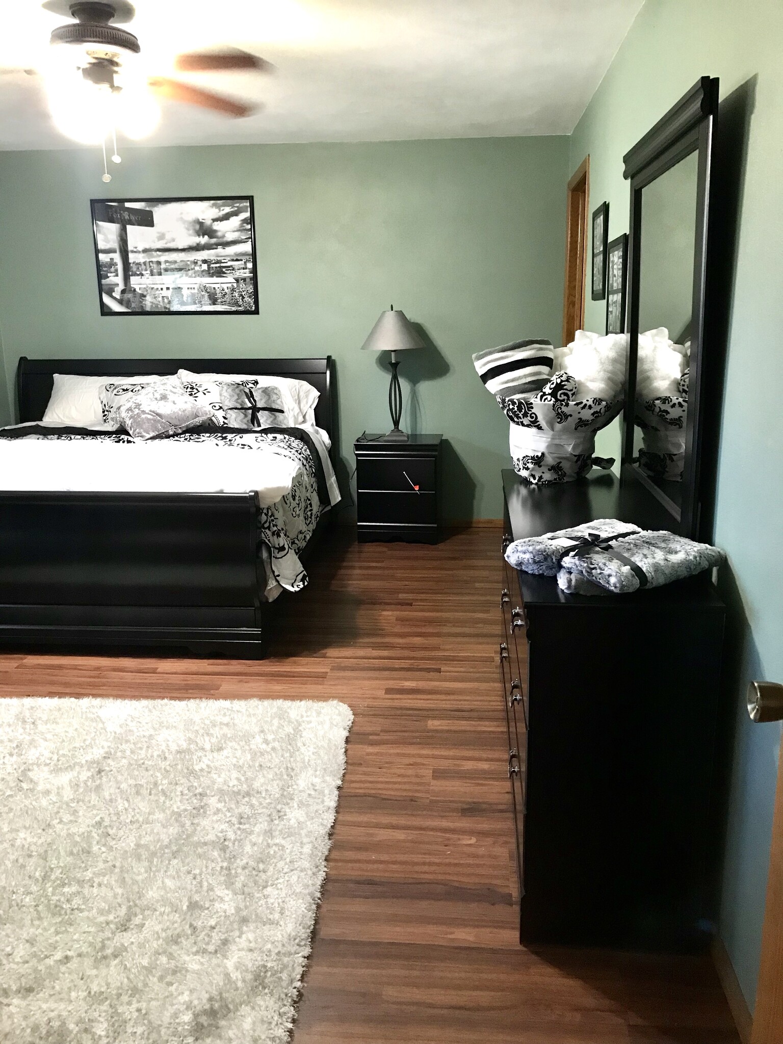 Luxury king sleigh bed, lots of dresser space and your own private half bath. - 502 Crab Apple Court