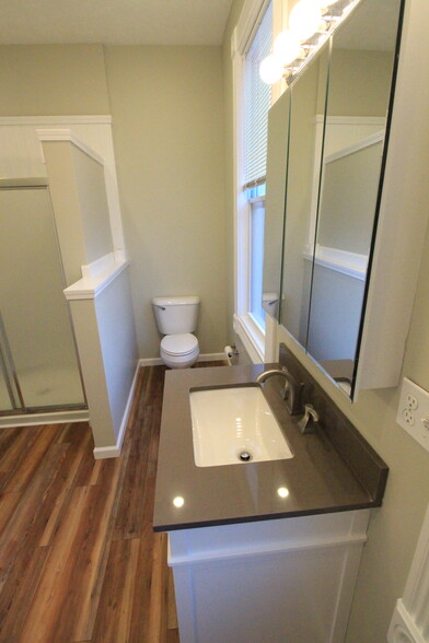 Master bath with quartz countertop, tons of light, massive shower with rain glass, and two vanities - 4536 Leo Street