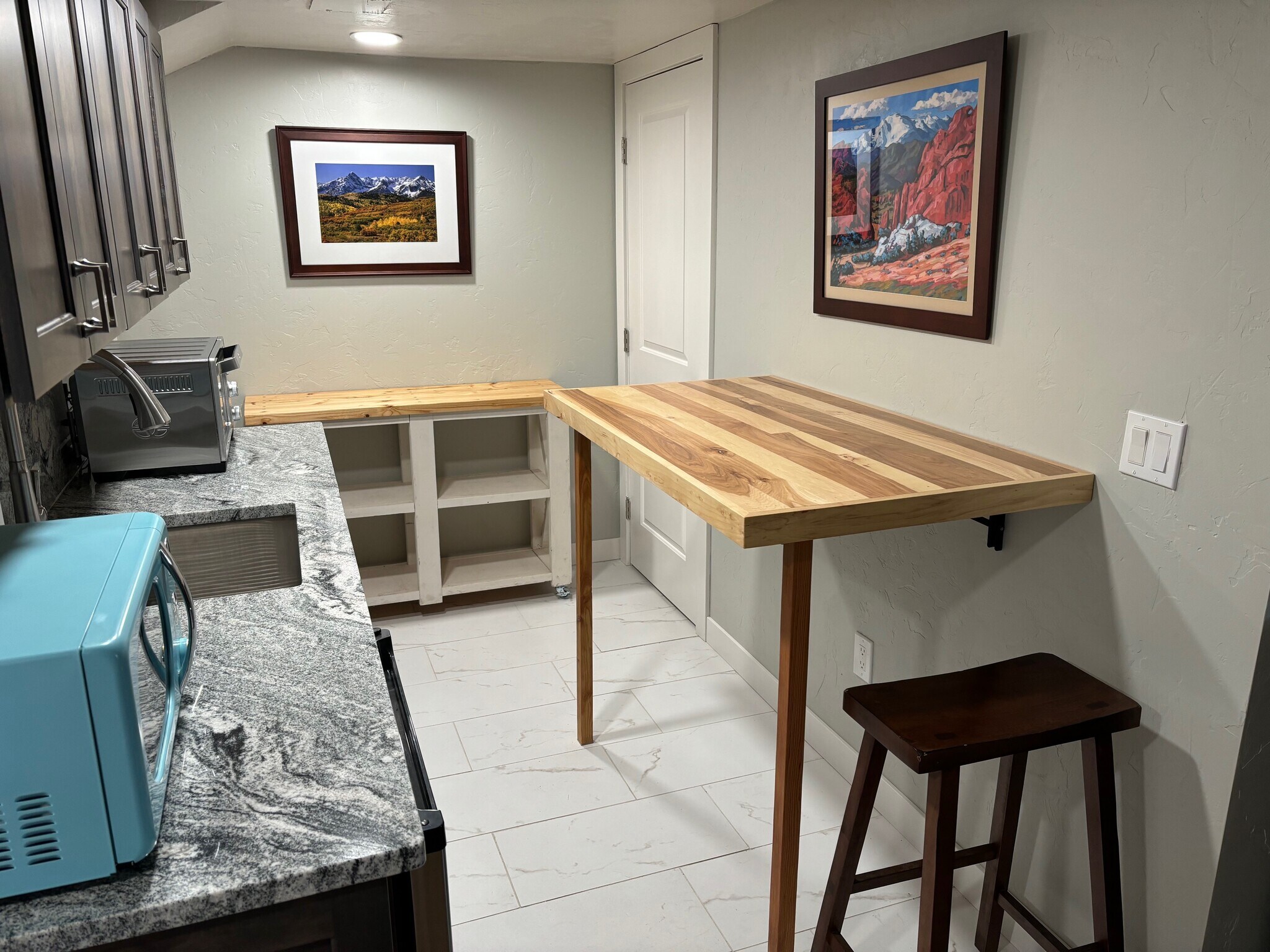 Kitchenette with mini fridge, toaster oven, sink and microwave - 3044 W Platte Ave