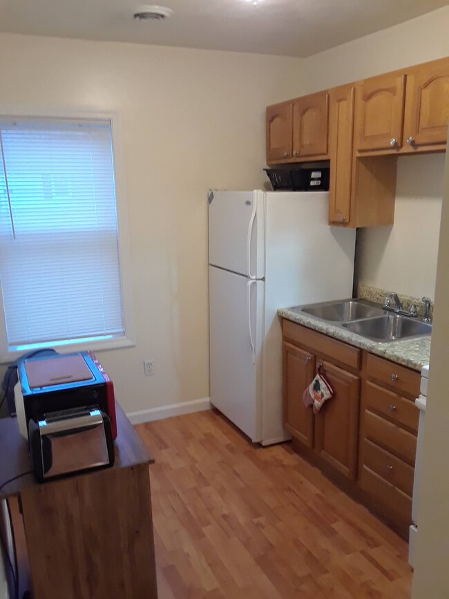 Kitchen with full size refrigerator and gas cooking stove - 56 Fulton St