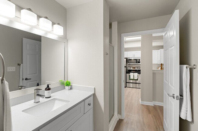 Renovated Bathrooms with New Vanities, Countertops, and Lighting - Townhomes of Bent Tree