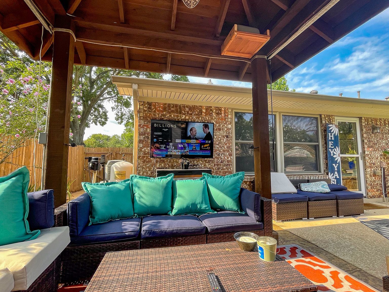 Outdoor lounge area under the cedar pergola with pool view - 2006 Candle Ct