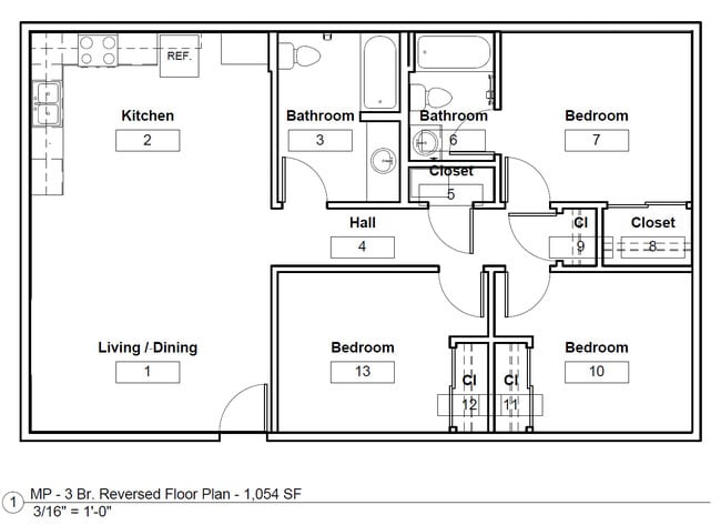 Three Bedroom Reversed Floor Plan - Three Sisters Apts - Income Restrictions