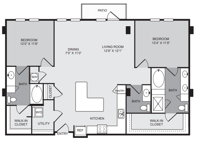 2 bedroom 2 bath apartment with kitchen island, dining area, patio, walk in closet and 1482 sq ft - Cantabria at Turtle Creek closed