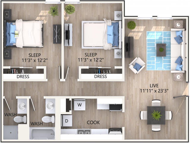 2x2 Cozy Floorplan - Forest Vale Apartments