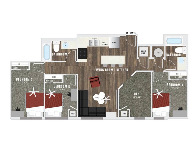 The floor plan above shows the layout of units on the north side of the building (closer to A-Mountain). Please click the arrow to see the floorplan that represents the layout on the south side of the building (closer to campus). - Atmosphere