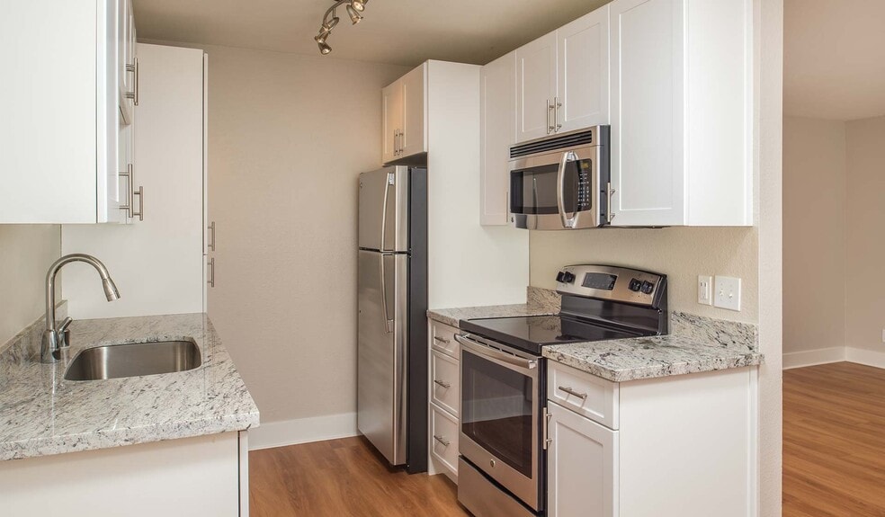 Modern kitchen with stainless steel appliances and granite countertops - Pacifica Park