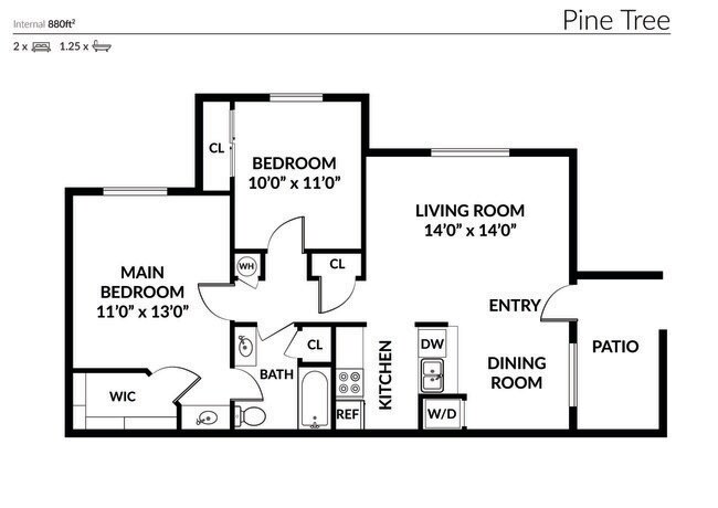 2 Bed, 1 Bath Floor Plan - Pine Tree Apartments