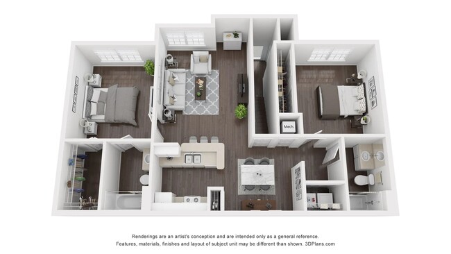 A 3D rendering of the floor plan for the Palm B apartment home - Charleston Cay