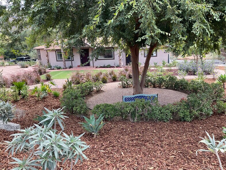 Shade tree with bench in the front yard - 22947 San Vicente Rd