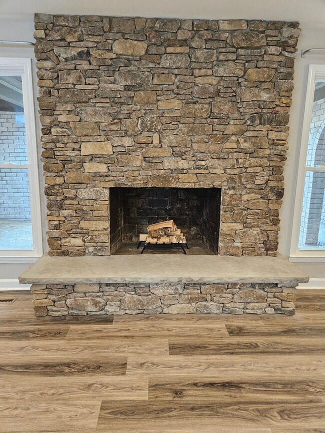 Custom stacked stone wood burning fire place - 9614 Heritage Ln