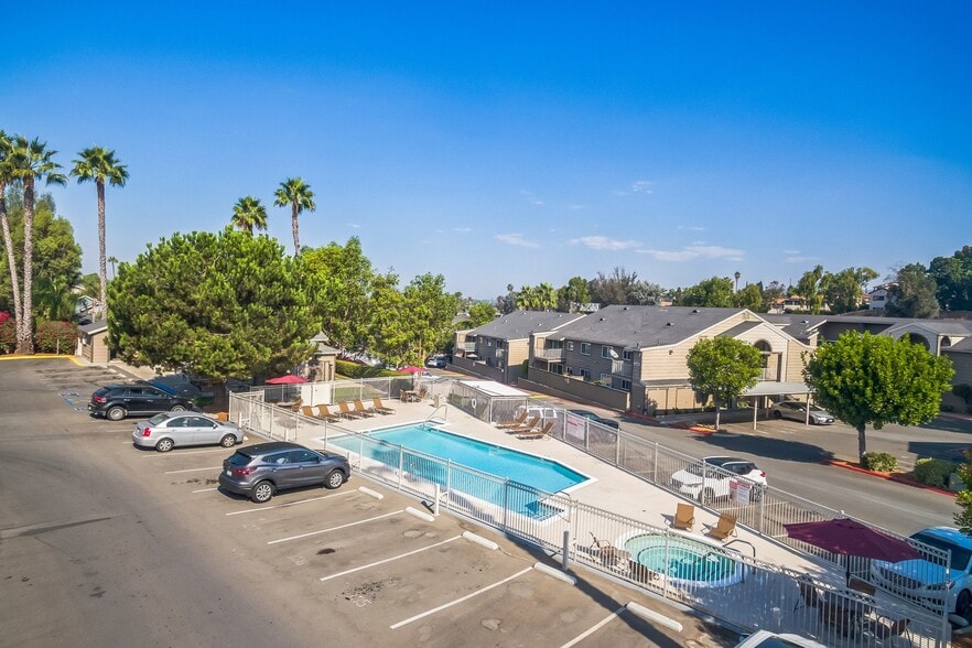An aerial view of our Swimming Pool & Spa and property at Meadow Creek Apartments in San Marcos, CA - Meadow Creek Apartments