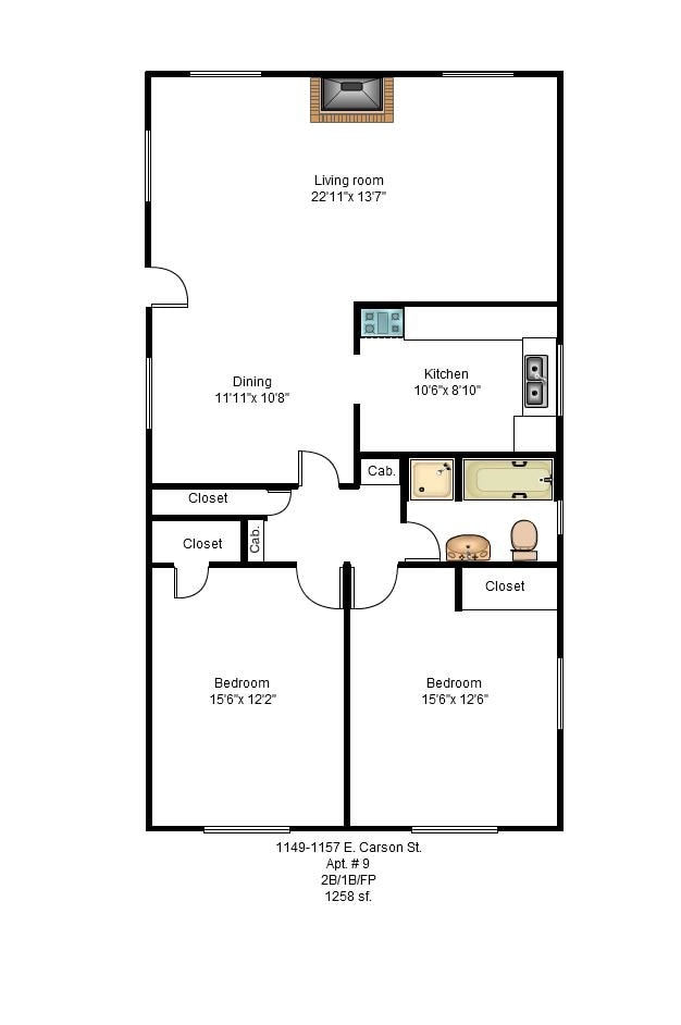 Floor Plan - 2 BR 1 BA - Carson Court Apartments