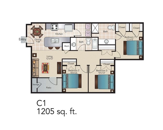 3 Bedroom / 2 Bath / 1205 Sq.Ft. - Kenedy Heights