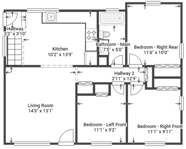 First level floor plan with living room, kitchen, full bathroom, 3 bedrooms and 2 hall closets. - 9244 Northern Ave