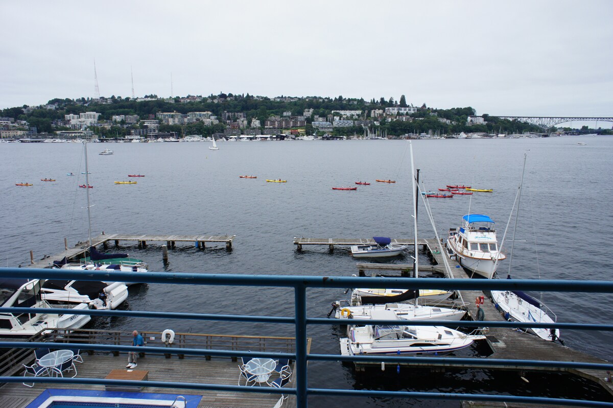Deck view over private marina & lake center (2020 old deck railing style) - 2301 Fairview Ave E