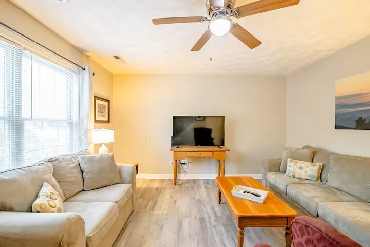 Living room has ceiling fan and light with 50" smart tv, console, coffee and end tables. - 515 School Ln