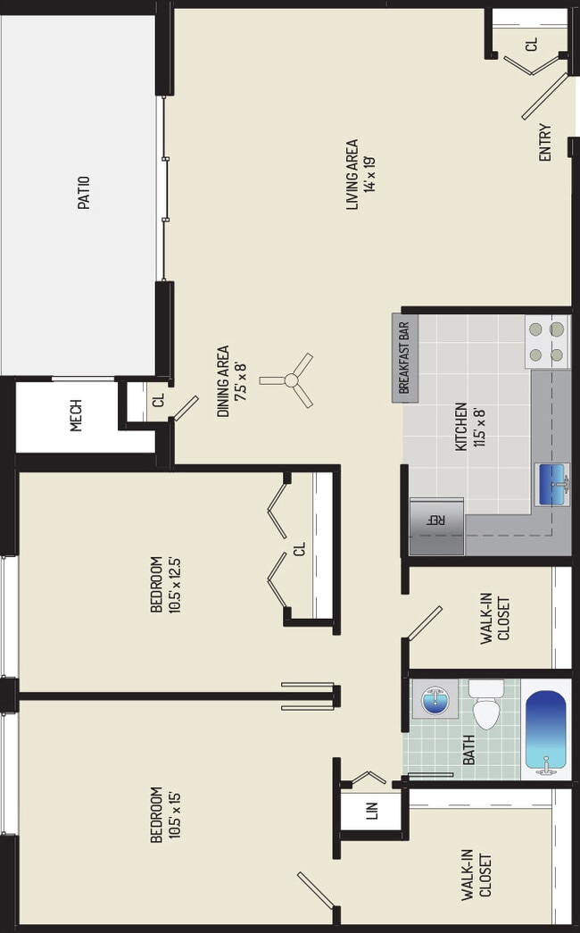 2 BR/ 1 BA (Style I1) | 1,015 sq. ft. - Columbia Park Apartments