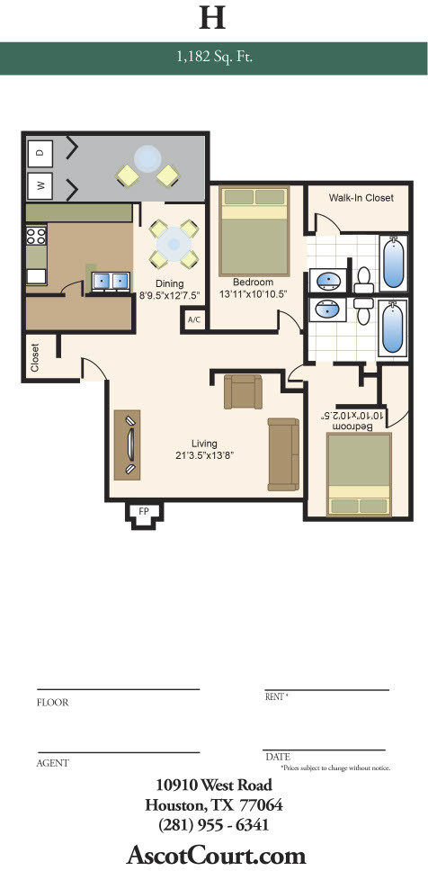 H Floor Plan (2 bed, 2 bath) - Ascot Court