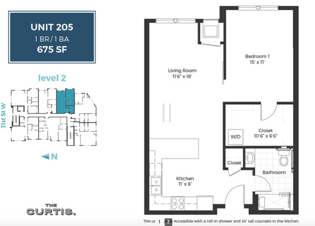 205 1BD, 1BA Floor Plan - The Curtis Apartments