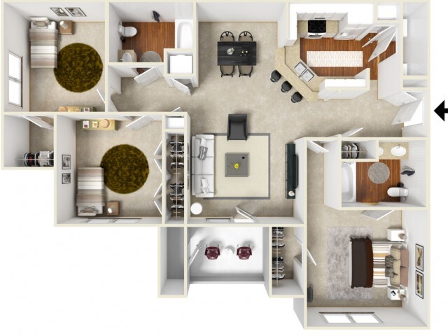 3 Bedroom 2 Bathroom Floor Plan - Astoria Apartment Homes