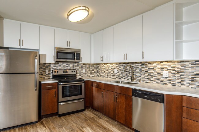 Gorgeous brand new kitchens with stainless steel appliances & mosaic back splash - the Cathryn Apartments