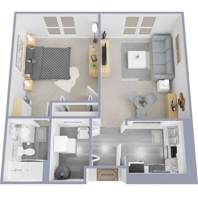 One bedroom, one bath, 605 square foot floor plan on the Washington Street side of the building - Clear Creek Commons