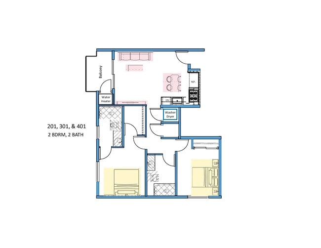 201, 301, 401 2 Bd/2Ba Room Layout - 928 S Berendo St