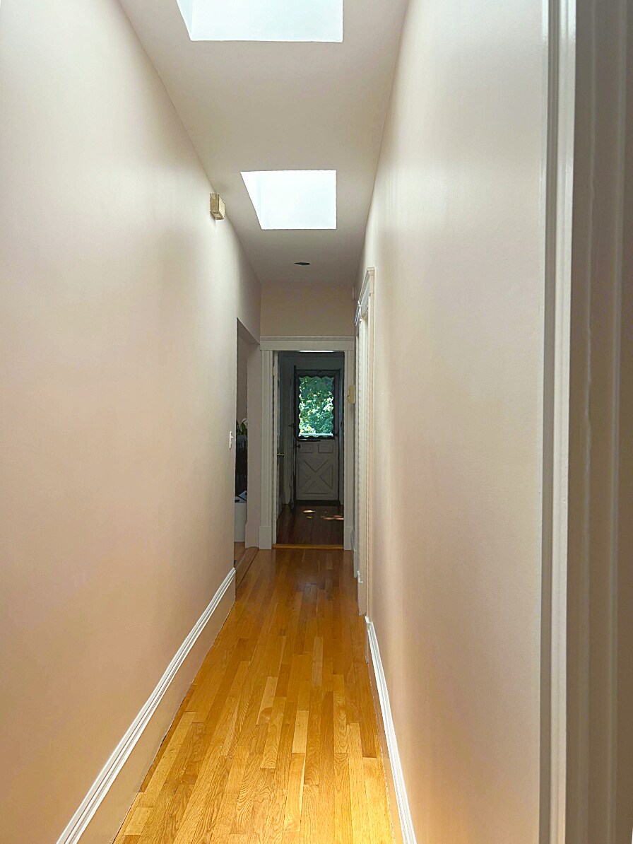 Hallway runs through entire apartment separating common areas from bedrooms. Two huge skylights - 307 Tappan St