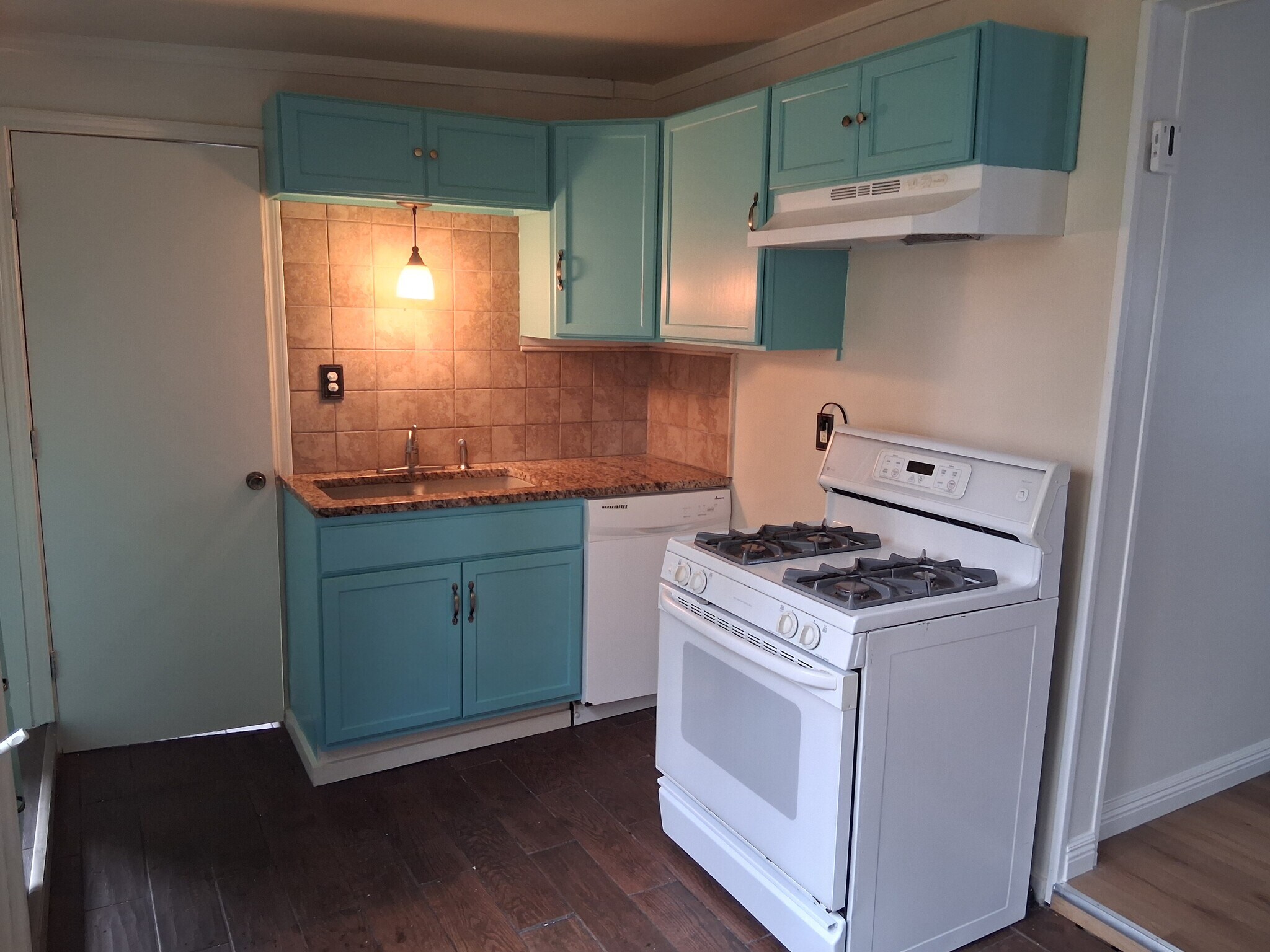 Kitchen stove and dishwasher with bathroom entrance. - 51 McEwen Rd