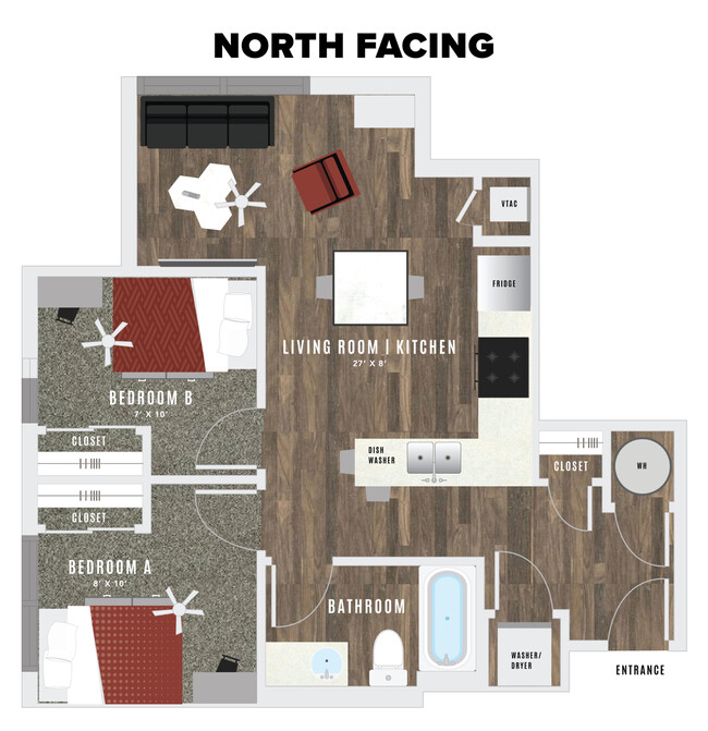 The floor plan above shows the layout of units on the north side of the building (closer to A-Mountain) Please click the arrow to see the floorplan that represents the layout on the south side of the building (closer to campus). - Atmosphere